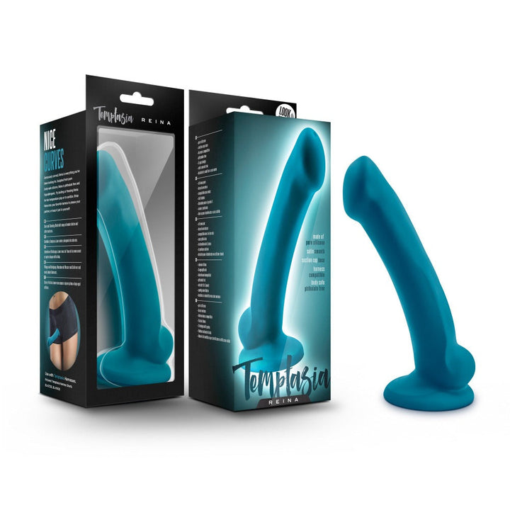 Temptasia Reina teal silicone dildo with suction base beside its product packaging