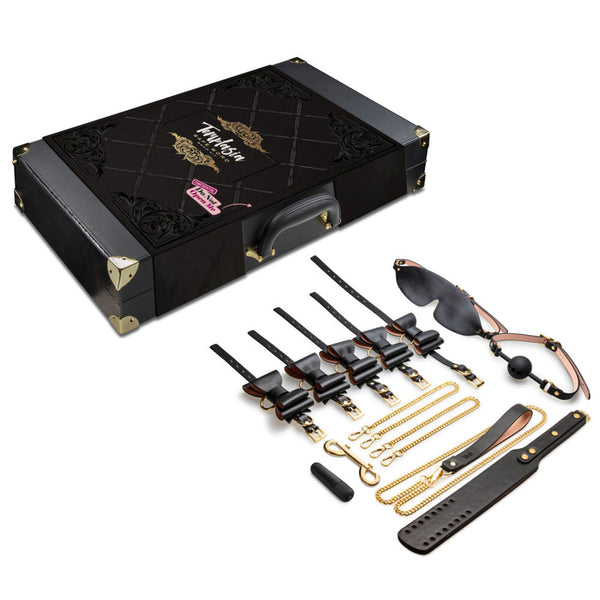 Temptasia Safe Word Bondage Kit with black quilted carrying case and gold-accented accessories laid out