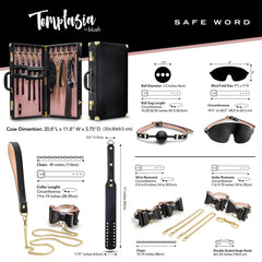 Temptasia Safe Word Kit spec diagram showing dimensions of cuffs, gag, blindfold, and paddle measurements