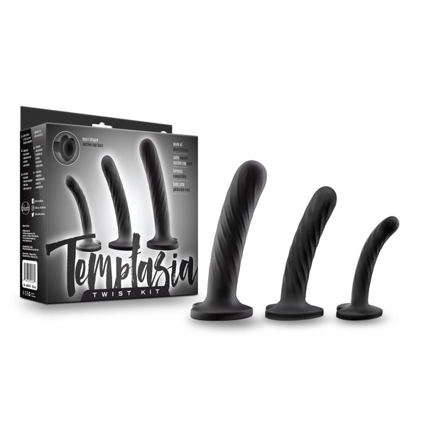 Temptasia Twist Kit packaging beside three black silicone dildos showing small, medium, and large sizes