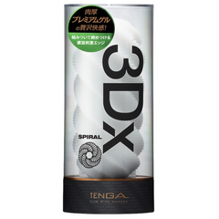 Tenga 3Dx Spiral packaging tube with Japanese text highlighting premium gel material