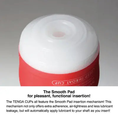 Close-up of Tenga cup opening showing white smooth pad insertion mechanism with lubrication feature