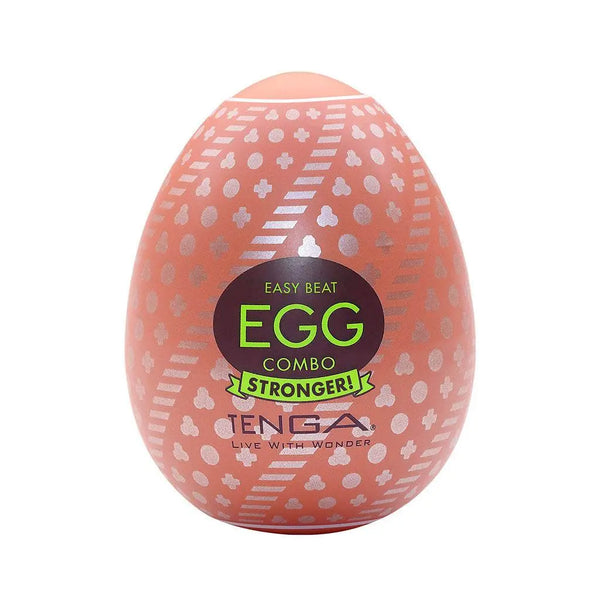 Tenga Egg Combo hard boiled masturbator in orange egg-shaped case with geometric pattern
