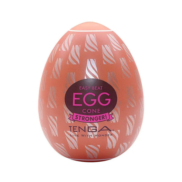 Tenga Egg Cone male masturbator in copper-toned egg-shaped hard case with swirl pattern