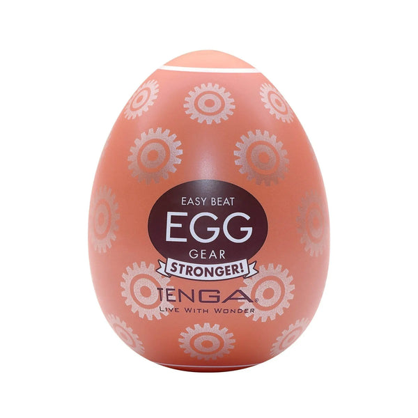 Tenga Egg Gear male masturbator in orange egg-shaped casing with gear pattern detail
