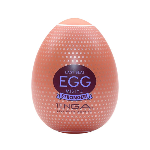 Tenga Egg Misty II Hard Boiled masturbator in coral egg-shaped shell with cross-pattern texture