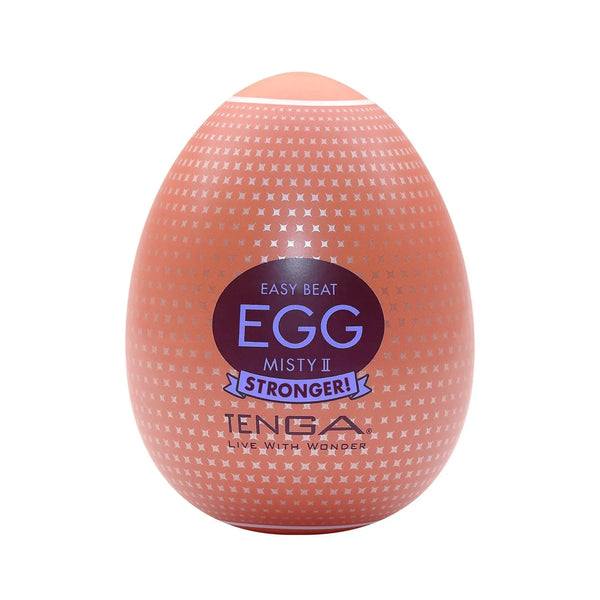 Tenga Egg Misty II Hard Boiled masturbator in coral egg-shaped shell with cross-pattern texture