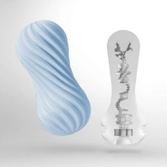 Tenga Flex Bubbly Blue shown open beside its textured internal sleeve with spiral stimulation details
