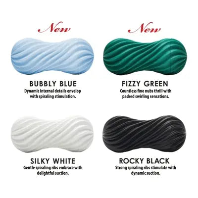 Tenga Flex colour lineup: Bubbly Blue, Fizzy Green, Silky White, and Rocky Black variants