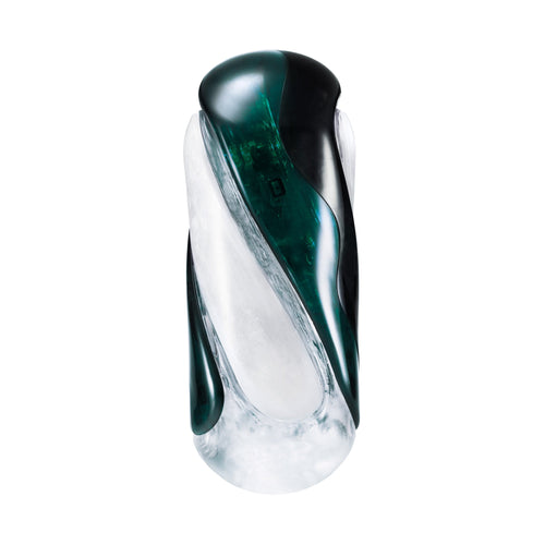 Tenga FLIP 360 masturbator in aurora green, showing swirled teal and clear exterior casing