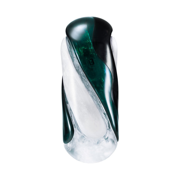Tenga FLIP 360 masturbator in aurora green, showing swirled teal and clear exterior casing