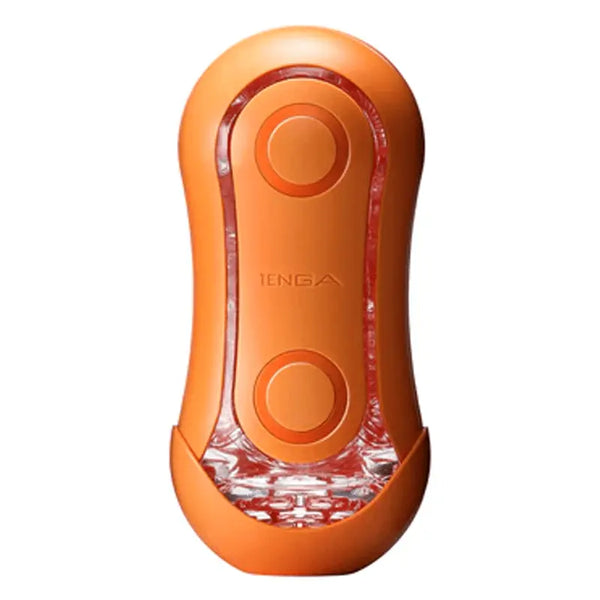 Tenga Flip Orb Sunset Orange male masturbator, front view, vibrant orange casing with dual pressure pads