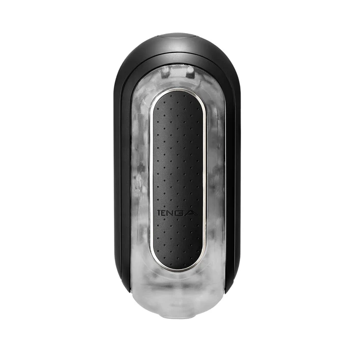 Tenga Flip Zero EV Black vibrating stroker, front view, sleek black casing with clear panel