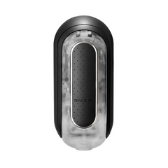 Tenga Flip Zero EV Black vibrating stroker, front view, sleek black casing with clear panel