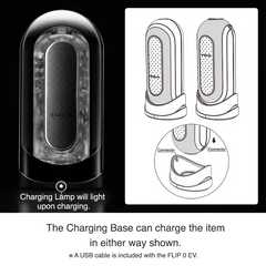 Tenga Flip Zero EV on charging base two ways, with connector detail and charging indicator lamp