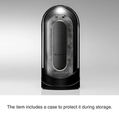 Tenga Flip Zero EV upright in its protective storage case, matte black finish shown