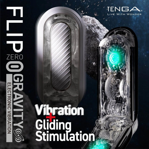 Tenga Flip Zero Gravity EV Black masturbator shown closed and open with green internal LED glow