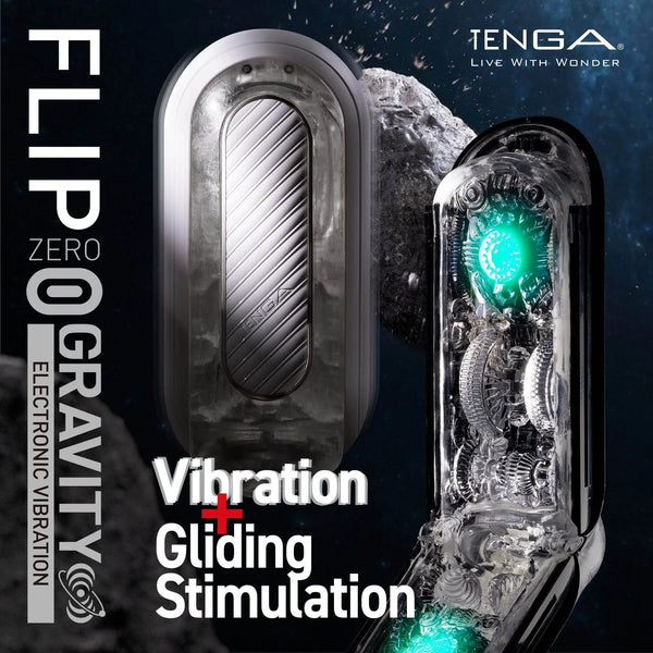 Tenga Flip Zero Gravity EV Black masturbator shown closed and open with green internal LED glow