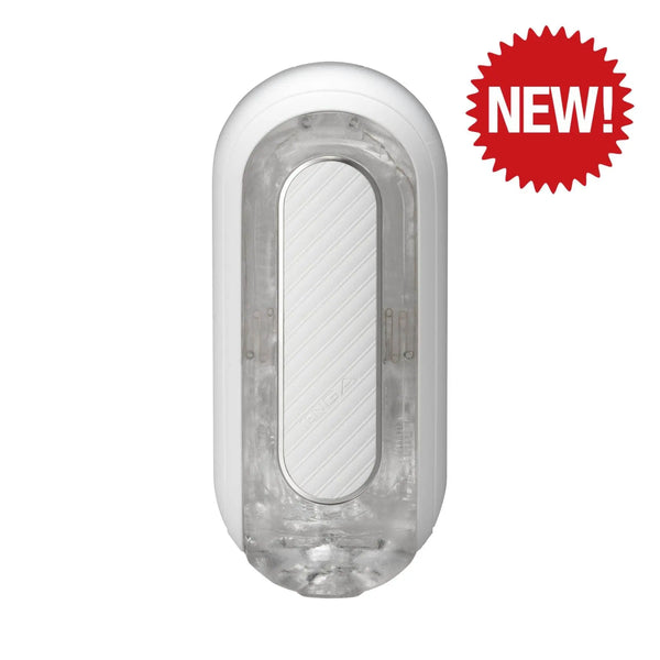 Tenga Flip Zero Gravity Electronic Vibration male masturbator, front view, white and clear casing