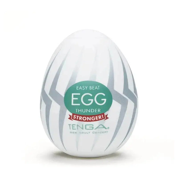 Tenga Egg Thunder male masturbator in white egg-shaped case with teal label and lightning bolt design