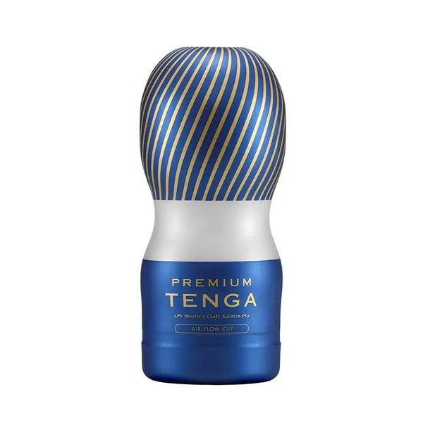 Tenga Premium Air Flow Cup male masturbator with blue base and gold spiral texture