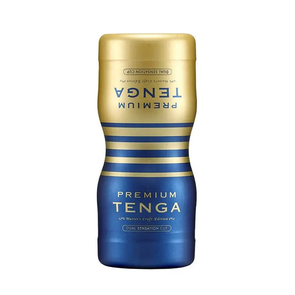 Tenga Premium Dual Sensation Cup in navy blue and gold, dual-entry masturbator sleeve