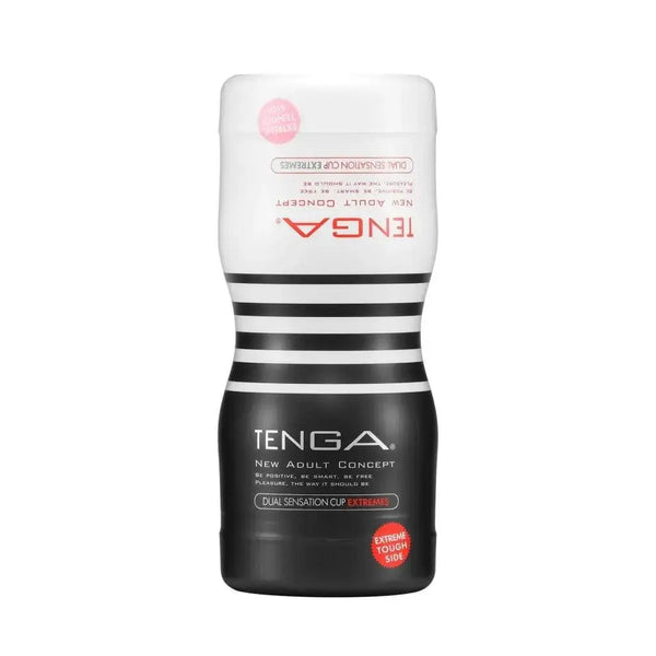 Tenga Dual Sensation Cup Extremes male masturbator in black and white cylindrical casing
