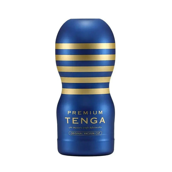 Premium Tenga Original Vacuum Cup in navy blue and gold stripe design, single-use male stroker