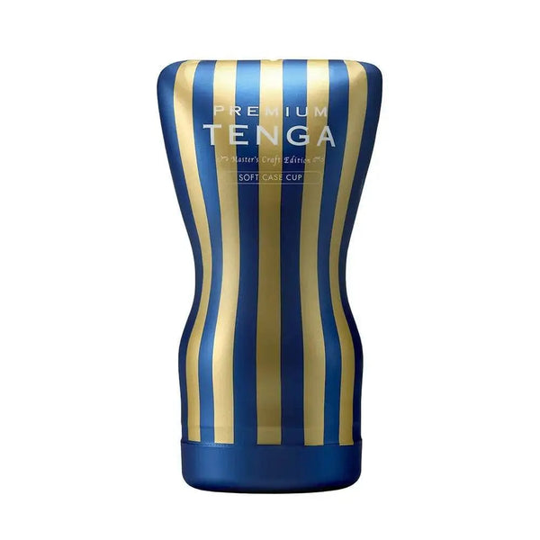 Tenga Premium Soft Case Cup in gold and navy blue vertical stripe packaging