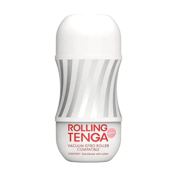Tenga Rolling Gyro Cup Gentle in white with curved hourglass shape and striped texture panel