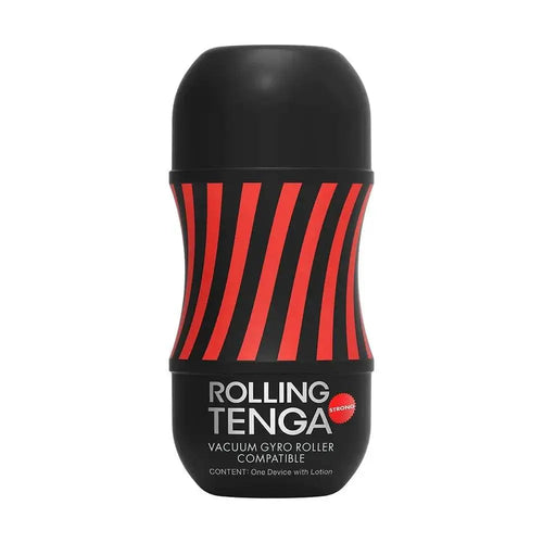 Tenga Rolling Gyro Roller Cup Strong in black with bold red diagonal stripes on front