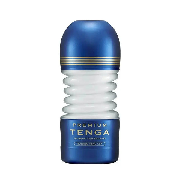Tenga Premium Rolling Head Cup masturbator in white and navy blue with gold accent bands