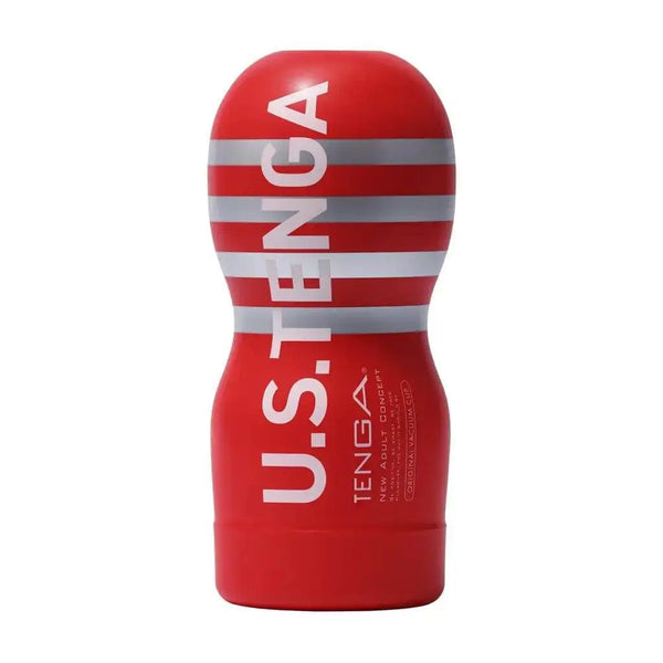 Tenga U.S. Original Vacuum Cup in bold red with white stripe detailing, front view