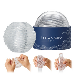 Tenga Geo Aqua shown open with three steps demonstrating how the flexible clear sleeve stretches and wraps