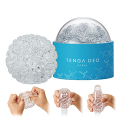 Tenga Geo Coral shown with hands stretching and wrapping the flexible clear sleeve