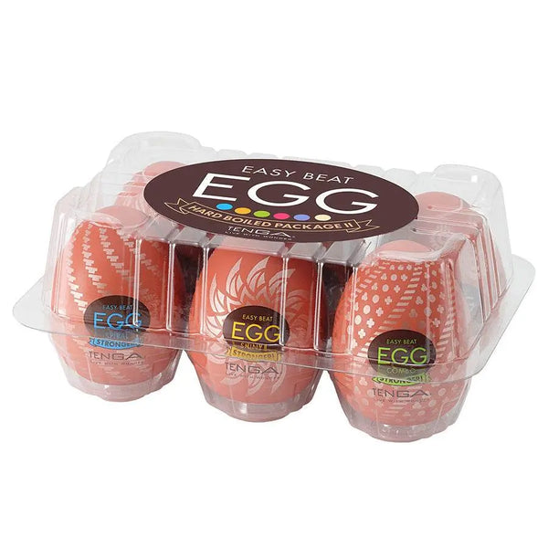 Tenga Hard Boiled Egg II 6-pack in clear clamshell tray showing coral-toned egg cases