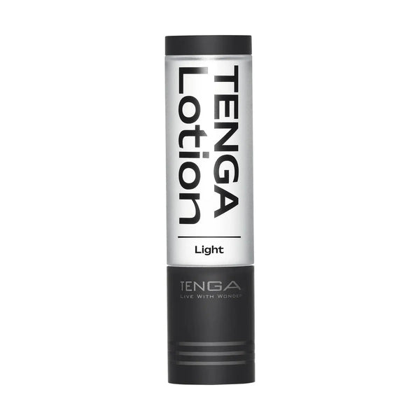 Tenga Lotion Light front view, slim cylindrical bottle with black cap and silver label