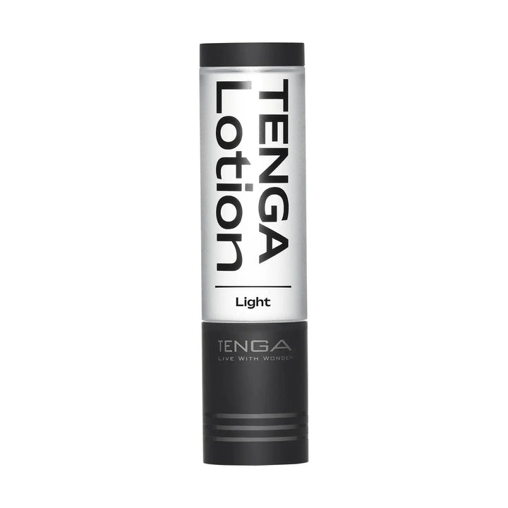 Tenga Lotion Light front view, slim cylindrical bottle with black cap and silver label