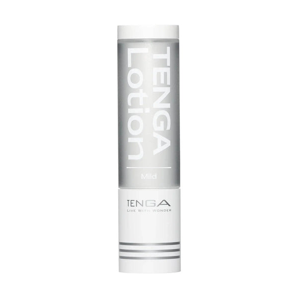 Tenga Lotion Mild front view, tall white cylindrical bottle with silver label and pump cap