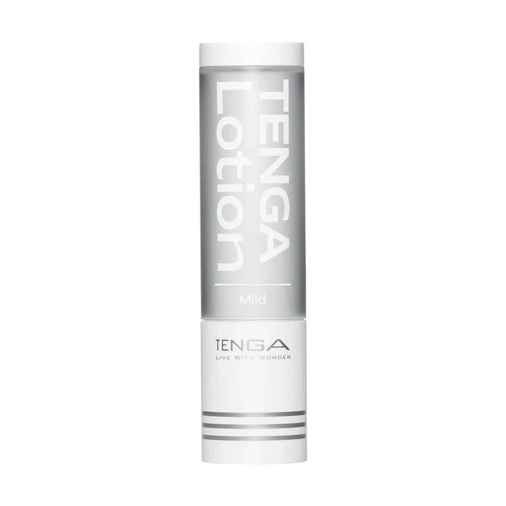 Tenga Lotion Mild front view, tall white cylindrical bottle with silver label and pump cap