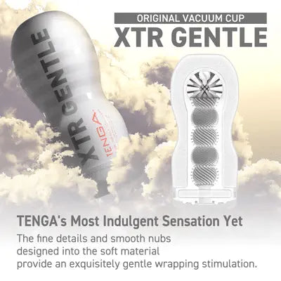 Tenga Original Vacuum Cup Extra Gentle masturbator shown whole and in cross-section, silver-white soft body