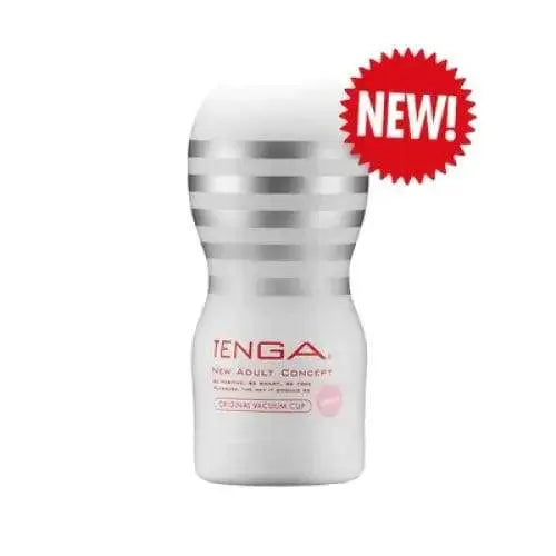 Tenga Original Vacuum Cup Gentle masturbator in white with silver ridged grip bands