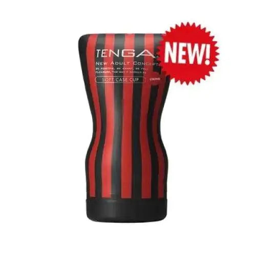 Tenga Soft Case Cup Strong masturbator in bold black and red vertical stripe design