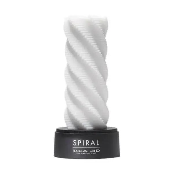 Tenga 3D Spiral masturbator standing upright on black base, white ribbed spiral exterior