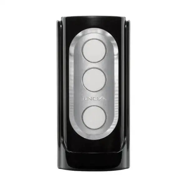 Tenga Flip Hole Black Edition male masturbator, front view, glossy black casing with silver control pad