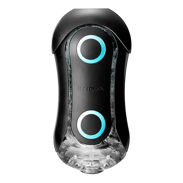 Tenga Flip Orb Strong Blue Rush masturbator, black casing with two cyan-rimmed oval buttons