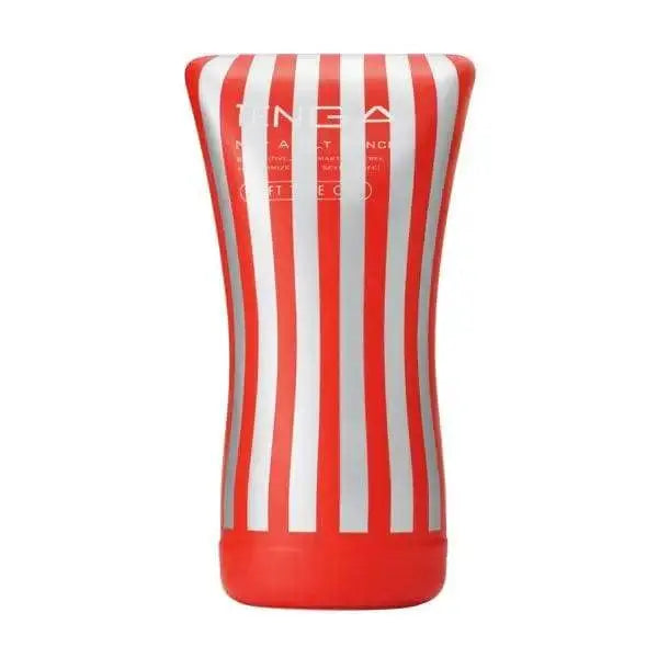 Tenga Soft Tube Cup Standard masturbator with bold red and white vertical stripe casing