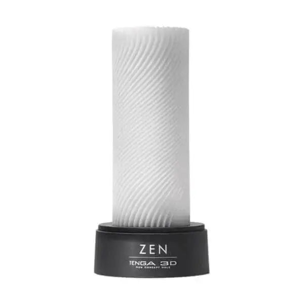 Tenga 3D Zen masturbator with spiral-textured white sleeve seated in black base