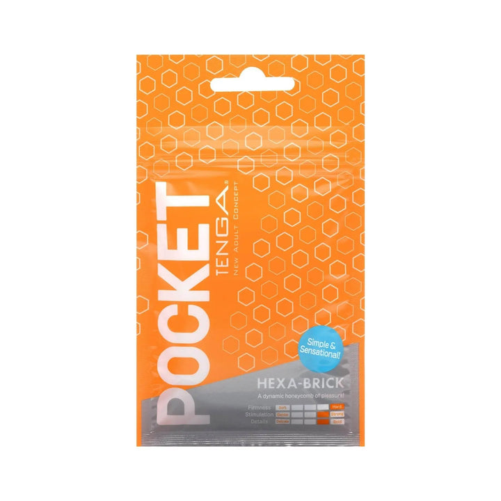 Tenga Pocket Hexa-Brick masturbation sleeve in orange honeycomb-print resealable pouch