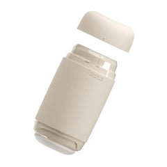 Tenga Puffy Latte Brown with cap removed, revealing inner sleeve and base components